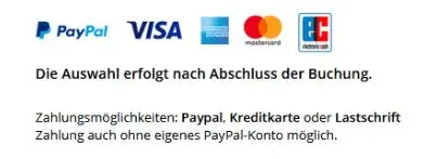 Screenshot der Möglichen Zahlungsmethoden: PayPal, Kreditkarte oder Lastschrift