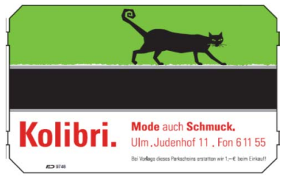 Rückseite eines Parktickets mit Werbebotschaft