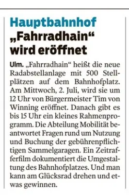 Zeitunsartikel zu Hauptbahnhof "Fahrradhain" wird eröffnet